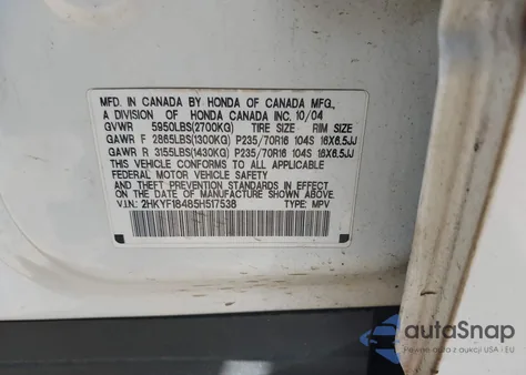 2005 Honda Pilot Ex from USA, damaged, VIN 2HKYF18485H517538